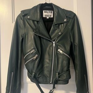 Walter Baker Dark Green Leather Jacket with Silver Zippers